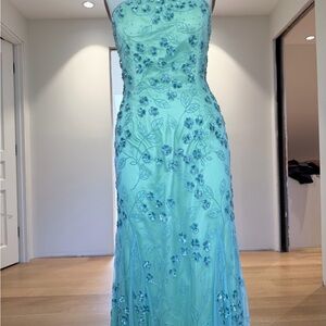 Elegant Green Aqua Beaded Evening Dress